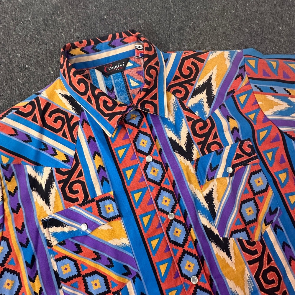 Vtg 90s Orzini Western Pearl Snap Shirt Mens 2XL Tall Aztec Tribal Geometric USA